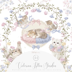 Victorian Kitten Clipart Set, Pastel Floral Cat Illustrations, Shabby Chic Vintage Cats, Cute Garden Kitten PNG Bundle, Baby Girl Graphics