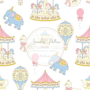 May include: Seamless pattern featuring carousel horses, elephants, swans, hot air balloons, and balloons in pastel pink, blue, and yellow. The design includes the text "Seamless Pattern" and is suitable for digital paper or fabric.