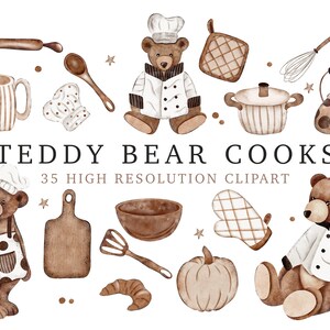Aquarelle ours en peluche cuisiniers Clipart - Art alimentaire aquarelle - Baby Shower Invite - impression Animal mignon - aquarelle ours Chef cuisine Clipart