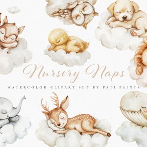Paquete de imágenes prediseñadas de animales durmientes de acuarela en nubes - imágenes prediseñadas de baby shower - imágenes prediseñadas de animales de guardería - imágenes prediseñadas de animales - imágenes prediseñadas de guardería