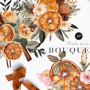 Buquês florais em aquarela Boho - Buquês de flores Boho para convite de casamento - Clipart de laranja seca de Natal - Buquês de Natal PNG