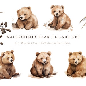 Acuarela oso pardo Digital Clipart Woodland Animal PNG fondo transparente lindo Clipart para Baby Shower invitación descarga instantánea