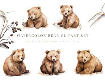 Watercolor Brown Bear Digital Clipart Woodland Animal PNG Transparent Background Cute Clipart for Baby Shower Invitation Instant Download