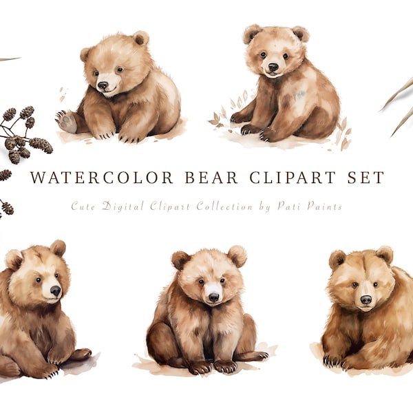 Watercolor Brown Bear Digital Clipart Woodland Animal PNG Transparent Background Cute Clipart for Baby Shower Invitation Instant Download