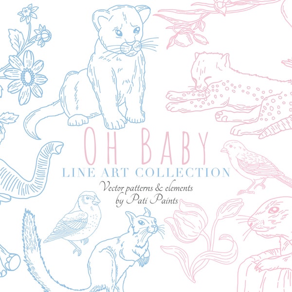 Safari Animals Digital Paper - Nursery Decor - Jungle Baby Animals Clipart Bundle - Line Art Clipart - Scrapbooking - Cute Digital Planner