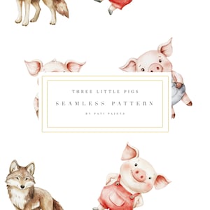 Patrón sin costuras de los tres cerditos en acuarela - Papel para guardería - Fondo digital - Papel de acuarela - Patrón bonito - Fondo de pantalla para niños - Cerdo