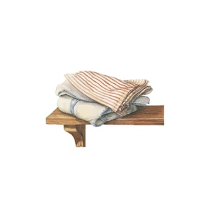 May include: Watercolor illustration of folded linens on a wooden shelf. The linens include a striped towel in shades of brown and white, and a white towel with blue trim. The shelf is a light brown color. Text at the top reads "Collection by Pati Paints".