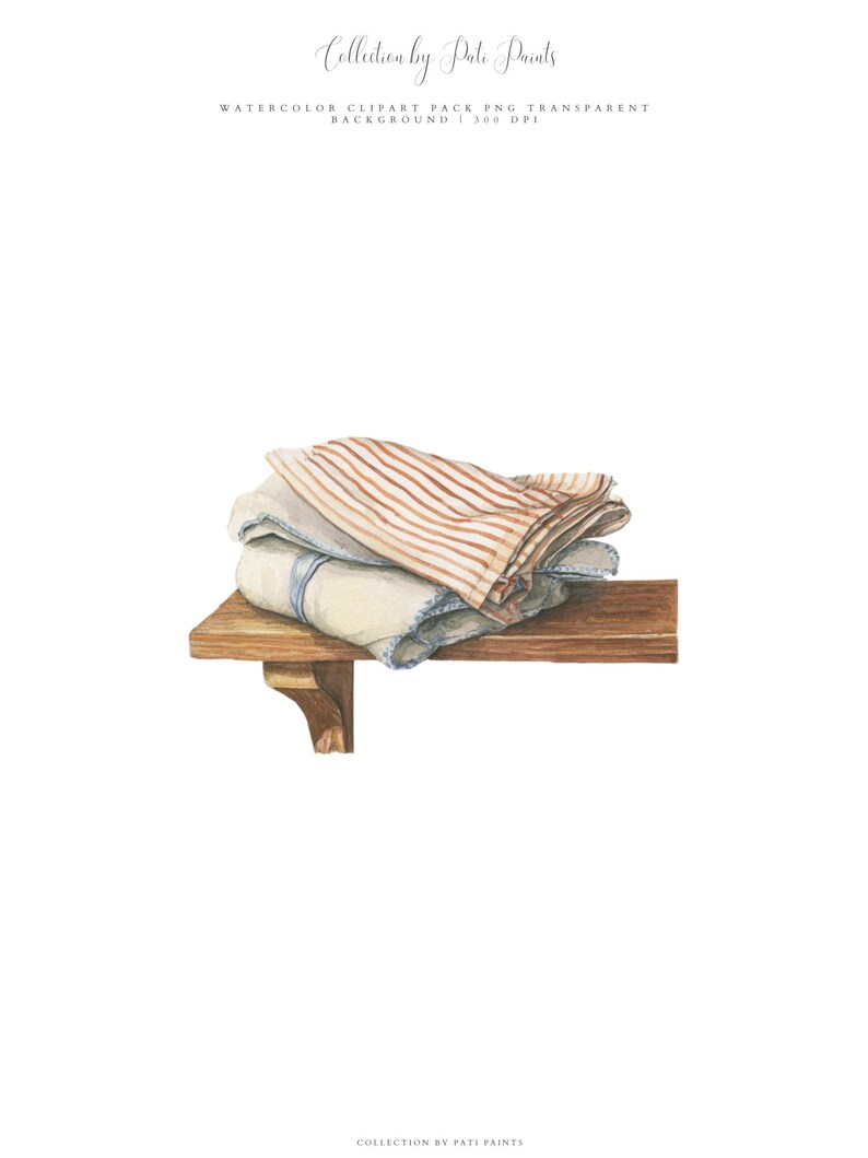 May include: Watercolor illustration of folded linens on a wooden shelf. The linens include a striped towel in shades of brown and white, and a white towel with blue trim. The shelf is a light brown color. Text at the top reads "Collection by Pati Paints".