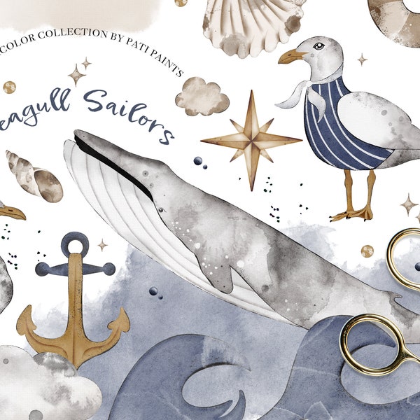 Watercolor Nautical Digital Clipart - Seagull Sailors Nursery Art - Lighthouse Ocean Waves - Marine Clipart -  Seamless Pattern for Kids PNG
