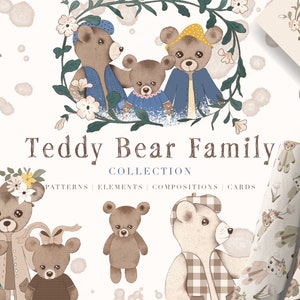Teddy Bear Family Clipart - Teddy Bear Baby Shower - Bear Vintage PNG - Modello senza cuciture per tessuto - Composizione floreale - Frame Art- #S41