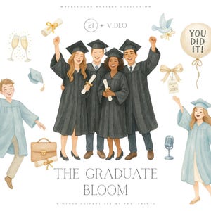 Graduation Clipart Class of 2025 - Aquarell Graduate Bundle mit Mütze, Diplom, Kleid, Studenten - Instant Download PNG - Schule Clipart