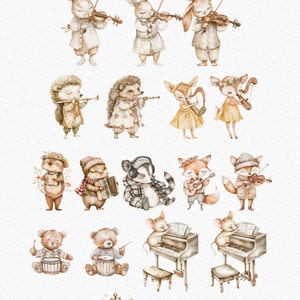 May include: Watercolor clipart set of woodland animals playing musical instruments. Includes a rabbit playing violin, a hedgehog playing flute, a deer playing harp, a fox playing guitar, a bear playing accordion, a raccoon playing drums, a mouse playing piano, and a bear playing drums.  The set also includes four individual violins with floral accents.