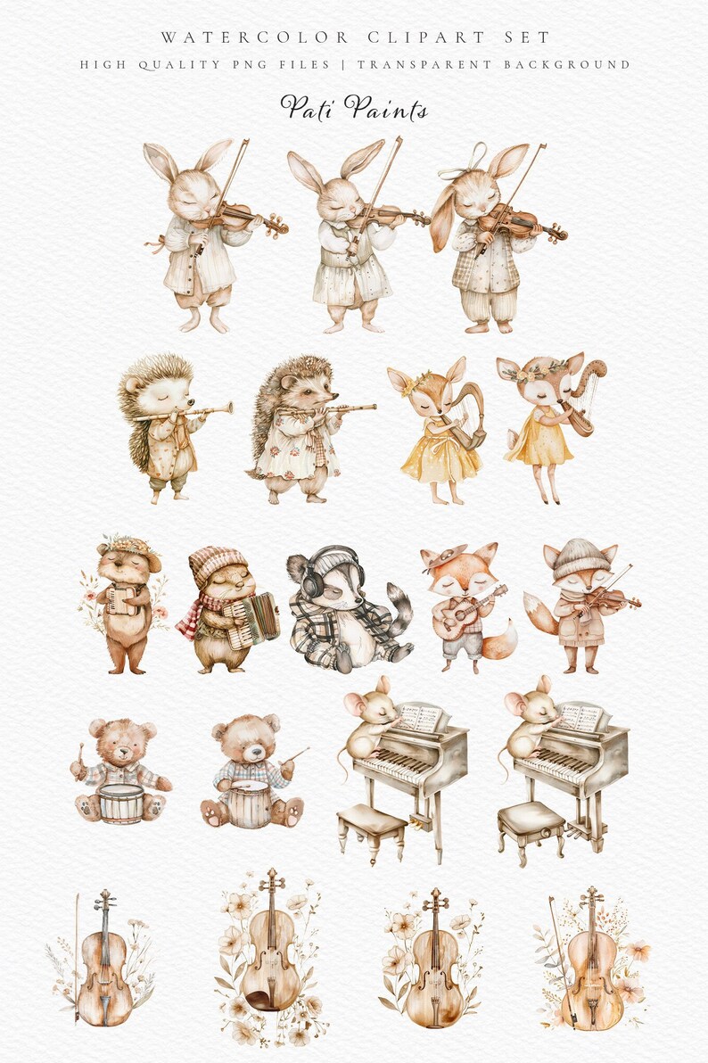 May include: Watercolor clipart set of woodland animals playing musical instruments. Includes a rabbit playing violin, a hedgehog playing flute, a deer playing harp, a fox playing guitar, a bear playing accordion, a raccoon playing drums, a mouse playing piano, and a bear playing drums.  The set also includes four individual violins with floral accents.
