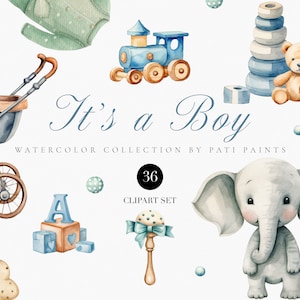 Aquarell Baby Boy Clipart - Es ist ein Junge Clipart-Set für Baby-Dusche-Einladung - Kinderzimmer Dekor Clipart - Baby Blau Clipart - Gender Reveal