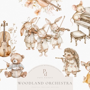 Pacote de clipart de orquestra de floresta, clipart de música, clipart de animal musical, clipart de instrumento aquarela, clipart de música, arte de berçário da floresta