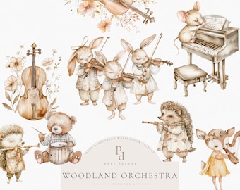 Conjunto de imágenes prediseñadas de orquesta del bosque, imágenes prediseñadas de música, imágenes prediseñadas de animales musicales, imágenes prediseñadas de instrumentos de acuarela, imágenes prediseñadas de música, arte del bosque para guardería