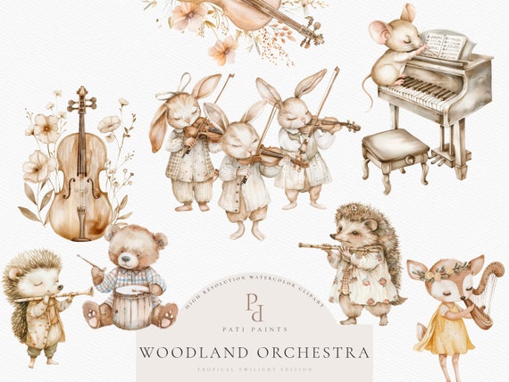 Woodland Orchestra Clipart Bundle, Music Clipart, Musical Animal Clipart, Watercolor Instrument Clipart, Music Clipart, Nursery Woodland Art