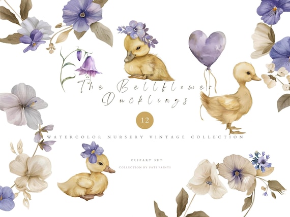 Bellflower Ducklings Clipart - Cute Watercolor Baby Ducks, Pastel Wildflowers Floral Frames - Nursery PNG for Baby Shower & Kids Decor - Art