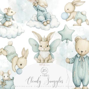 May include: Watercolor illustration featuring adorable bunnies, a mouse, and a teddy bear, all in soft pastel colors. The characters are depicted with whimsical details, including pajamas, wings, and a star-shaped balloon. The text "Cloudy Snuggles" is also present.