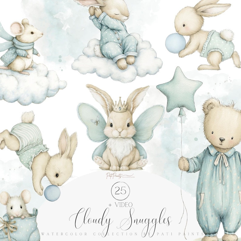 May include: Watercolor illustration featuring adorable bunnies, a mouse, and a teddy bear, all in soft pastel colors. The characters are depicted with whimsical details, including pajamas, wings, and a star-shaped balloon. The text "Cloudy Snuggles" is also present.
