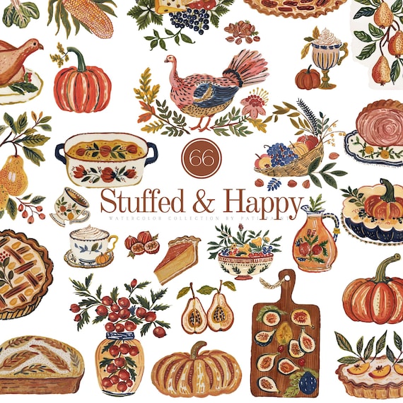 Watercolor Thanksgiving Food Clipart Set, Stuffed and Happy PNG, Watercolor Fall Harvest, Autumn Dinner Turkey Pie Pumpkin, Instant Download