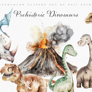 Aquarel dinosaurus clipartbundel voor kinderen - kinderkamer dino kunst aan de muur - dinosaurus verjaardagskaart - babyshower decor - dino kinderkamer sticker set