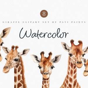 Clipart de girafa aquarela para arte de parede de berçário - Decoração de berçário Safari - Arte de chá de bebê - Adesivos de planejador - Pacote de clipart de animais de safári