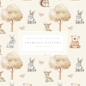 Watercolor Woodland Animals  Digital Paper - Digital Background - Nursery Forest Animal Pattern - Watercolor Paper - Seamless Pattern Cute