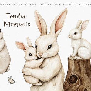 Conjunto de imágenes prediseñadas de conejito de acuarela - Colección Tender Moments - Descarga digital - Licencia comercial - Arte de pared con animales en acuarela para guardería - Lindo