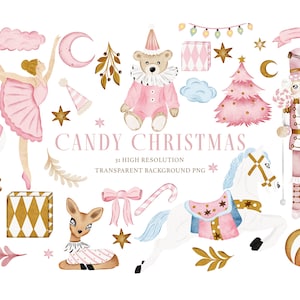 Candy Christmas Clipart - Dolce tessuto natalizio - Acquerello Schiaccianoci Balletto - Acquerello Rosa Ballerina Doll - Nursery Decor - Candy PNG
