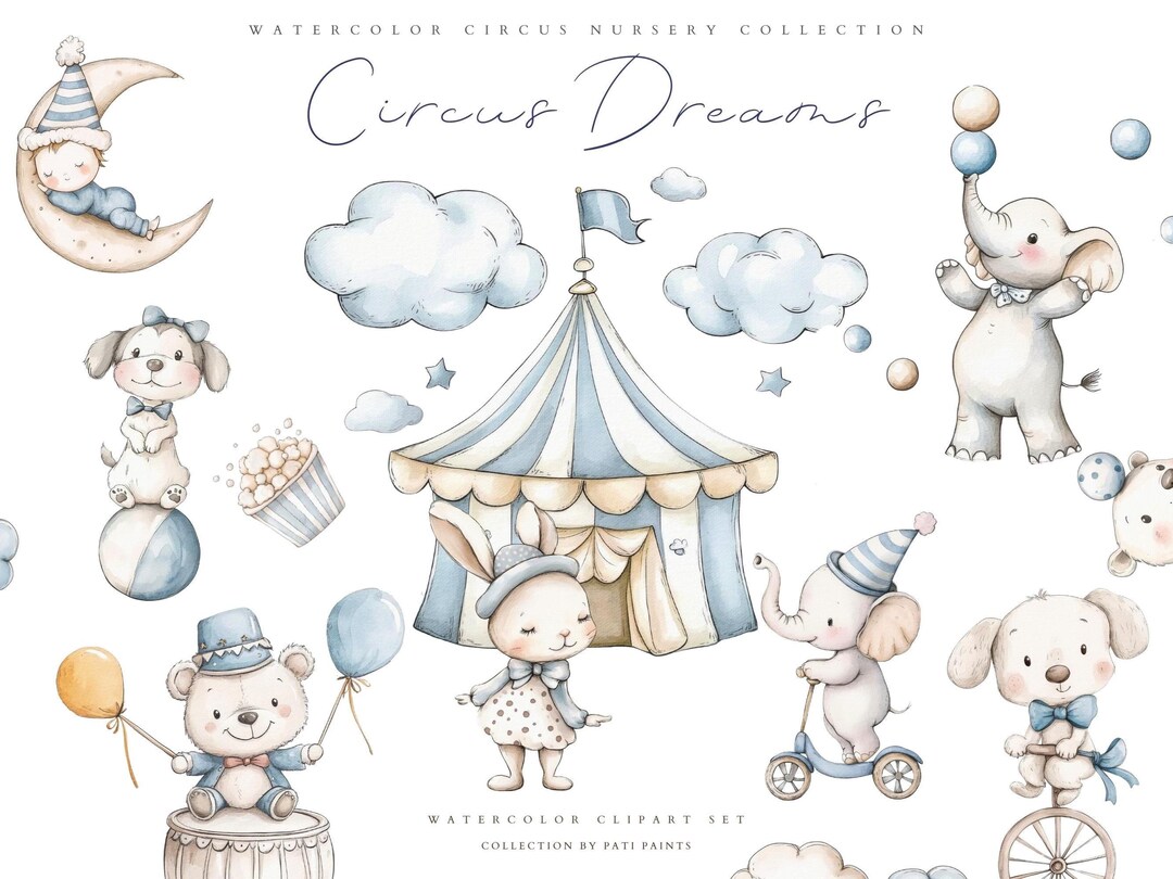Watercolor Nursery Circus Clipart Set - Pastel Circus Animal Clipart ...
