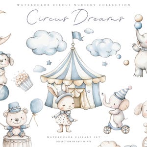 Conjunto de imágenes prediseñadas de circo para guardería en acuarela: imágenes prediseñadas de animales de circo en tonos pastel: carpa de circo, globos, payaso monociclo, imágenes prediseñadas para niños, lindas
