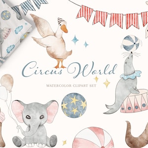 Watercolor Circus Clipart - Carnival Clipart - Nursery Room Decor - Zoo Animal - Circus Party PNG - Digital Pattern - Crochet Baby Pattern