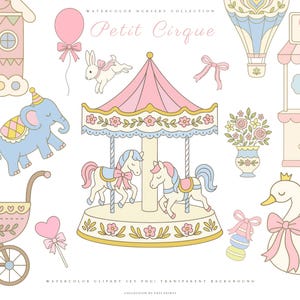 Conjunto de clipart de carrossel pastel - PNG vintage fofo para chá de bebê, decoração de festa, convites, álbum de recortes - Linha de pacotes digitais creme rosa azul