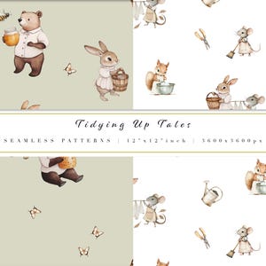 Papel digital con animales de primavera en acuarela - Uso comercial - Descarga digital - Bonito patrón sin costuras - Decoración de guardería con temática de bosque - Arte adorable