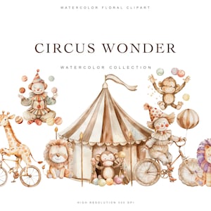Ensemble de cliparts cirque mignon aquarelle pour bébé - animaux de cirque - clowns mignons - animaux aquarelle de chambre de bébé - cliparts pour enfants - chapiteau de cirque