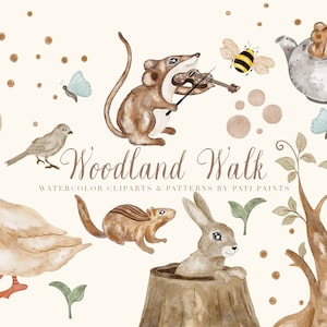 Woodland Walk Clipart Set - Imágenes Prediseñadas de acuarela - Descarga digital - Arte de vivero - Animal del bosque - Imágenes prediseñadas del bosque - Suministros para fiestas - Conejito
