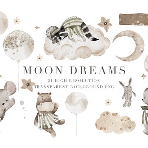 Moon Dreams Baby Shower Clipart Set - Acuarela Bunny Dreams - Night Stars Acuarela Clipart - Lindo arte infantil - Boho Clipart - Recién nacido