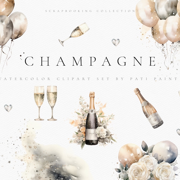 Watercolor Champagne Clipart - New Years Eve Clipart - Silver Party Clipart - Watercolor Clipart - Scrapbooking Clipart - Festive Clipart