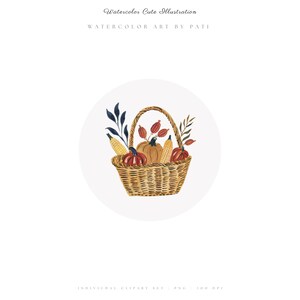 May include: Watercolor illustration of a woven basket filled with pumpkins, corn, and foliage. The basket is brown, and the pumpkins are orange and red. The text "Watercolor Cute Illustration" and "Watercolor Art by Pati" are at the top.