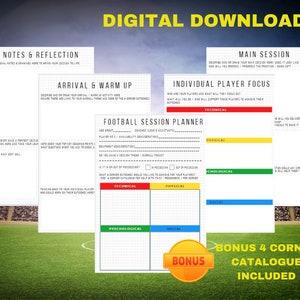 Peut inclure: Un téléchargement numérique d'un planificateur de session de football avec quatre sections : notes et réflexion, arrivée et échauffement, focus sur le joueur individuel et session principale. Le planificateur est conçu pour aider les entraîneurs à planifier et à organiser leurs sessions de football. Le planificateur comprend un catalogue bonus de 4 coins.