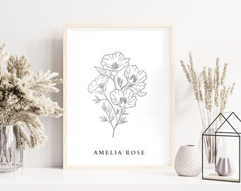 Birth Flower | August Flower | August Print | Poppy Art | Birth Month Flowers | Flower Line Art | Birth Flower Line Art | Flower Art |