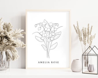 Birth Flower | May Flower | May Print | Lily ofthe Valley Art | Birth Month Flowers | Flower Line Art | Birth Flower Line Art | Flower Art |