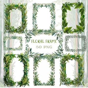 Bundle PNG de 50 cadre floral, clipart botanique transparent, bordures de fleurs, téléchargement immédiat pour sublimation, invitations et travaux manuels