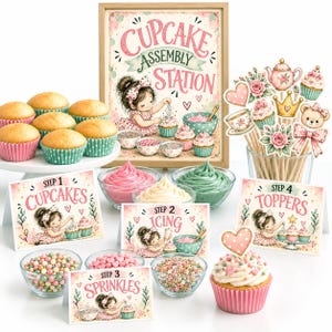 May include: A cupcake assembly station kit featuring a framed sign, four instructional cards labeled Step 1 through Step 4, bowls of icing and sprinkles, a glass jar of decorative toppers, and a tray of plain cupcakes in colorful liners.