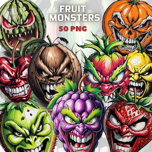 Fruit Monster PNG Bundle |  Angry Kawaii Fruit Clipart | Digital Download | Printable Graphics for Stickers, Sublimation and Crafts