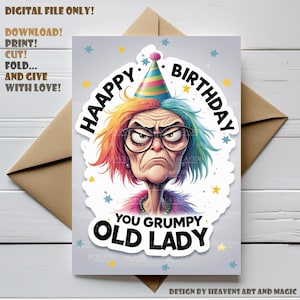 Tarjeta de cumpleaños divertida para una anciana gruñona / Descarga digital / Tarjeta de cumpleaños imprimible para ella / Tarjeta grosera y divertida para amigos