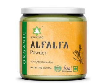 Può includere: Un barattolo verde e giallo di polvere di alfalfa biologica. Il barattolo ha un coperchio bianco e un'etichetta che dice "ayurvedix" e "ALFALFA Powder". L'etichetta dice anche "NON-GMO | Gluten Free" e "Net Qty. 150 g (5.29 Oz)".