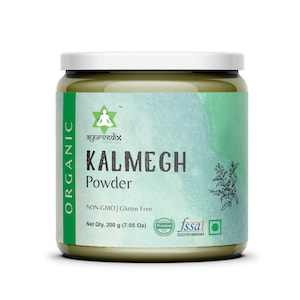 May include: A green jar with a white lid containing Kalmegh Powder. The label is green and white with the text "ORGANIC", "ayurvedix", "KALMEGH Powder", "NON-GMO | Gluten Free", "Net Qty. 200 g (7.05 Oz)", "Fremium", and "fssai 22221019000364".