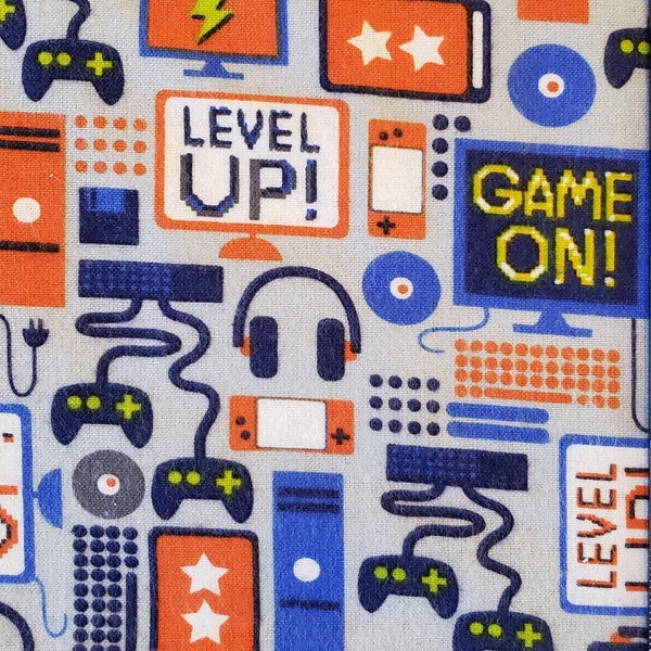 Gamer flannel blue BTY, BTHY, BTQY flannel fabric video game console print